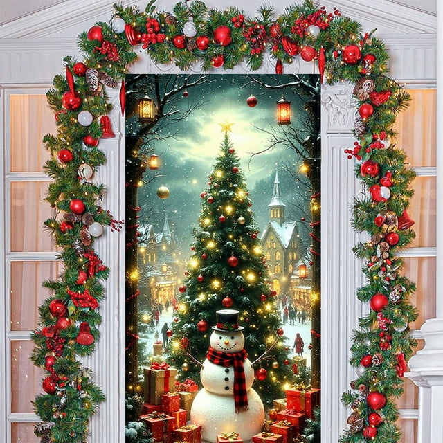Linnome Santa Claus Pattern Christmas Door Cover 35x71 Inches, Festive Holiday Door Decoration for Home and Parties