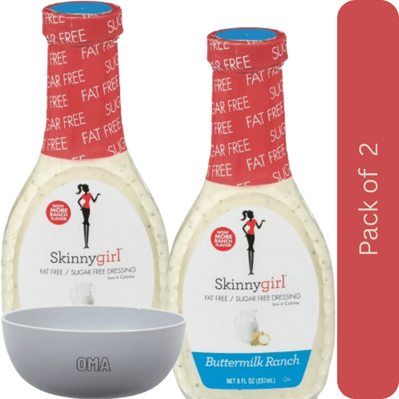 Skinnygirl Fat-Free Sugar-Free Buttermilk Ranch Dressing, 2 Pack (8 fl oz Each) – with Bowl by OMA