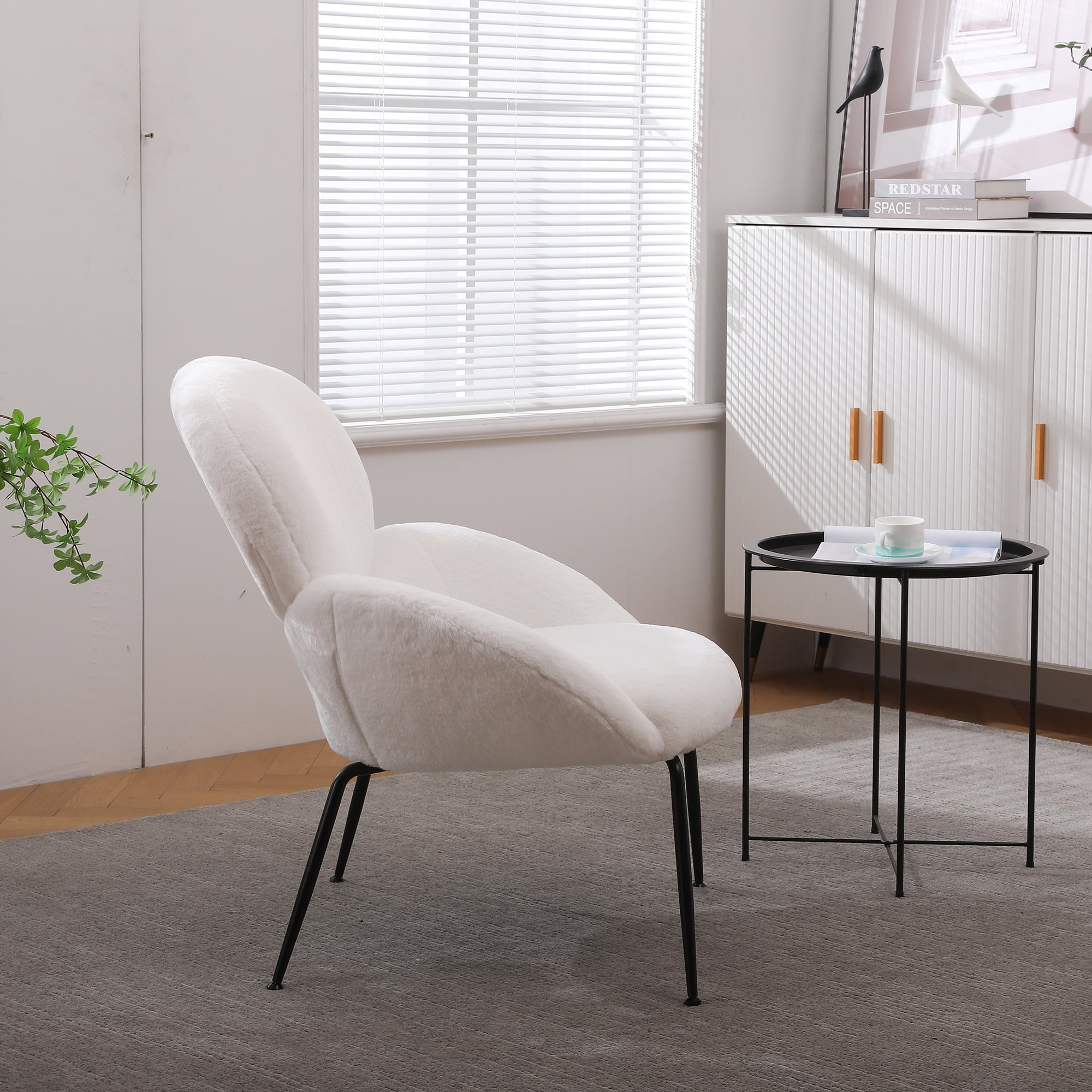Kadyn Modern Sherpa Armchair with Black Metal Legs, Comfy and Soft Chairs for Bedroom, White