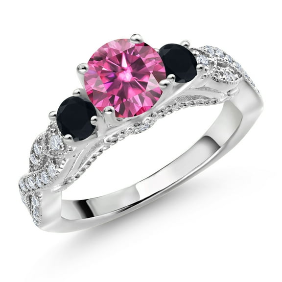 Gem Stone King 925 Sterling Silver Pink Moissanite Black Onyx and White Moissanite Engagement Ring for Women (1.27 Cttw, Gemstone, Round 6MM and 3MM, Size 8)