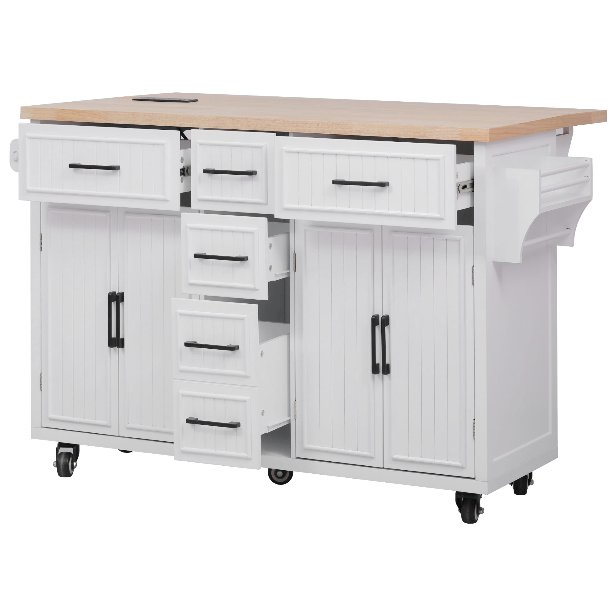 Euroco 56.5'' Kitchen Island with Drop Leaf, Power Outlet, Embossed Vertical Stripe Rolling Kitchen Cart on Wheels with 4 Doors
