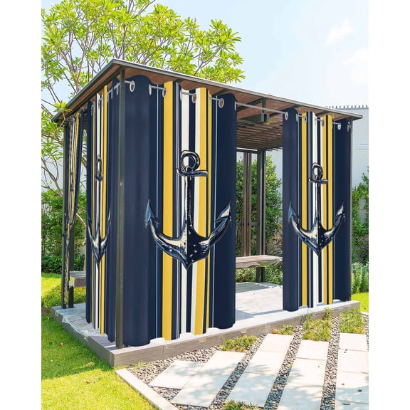 nqOlkjepod Outdoor Curtains for Patio Waterproof, Nautical Anchor Outdoor Privacy Panels Grommet, Navy Blue Yellow Striped Farmhouse Ombre Blackout Outside Curtains for Porch/Cabana 54"x95", 1 Panel