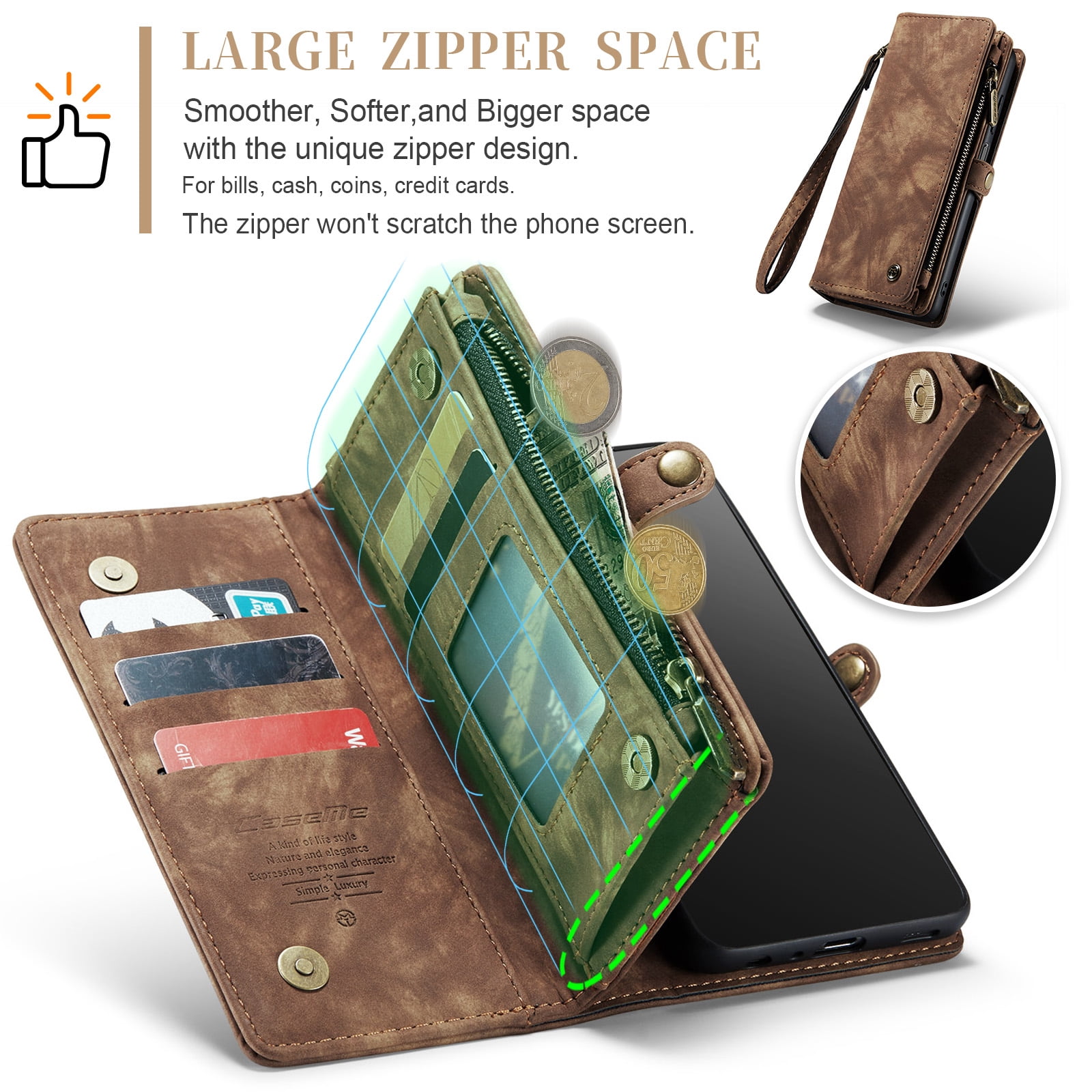 Feishell Durable 2- In-1 Magnetic Detachable Wallet Case for Samsung Galaxy A13 5G,for Women Men,Premium PU Leather Zipper Pocket Flip Multi Card Slots Purse Phone Case with Wrist Strap,Brown