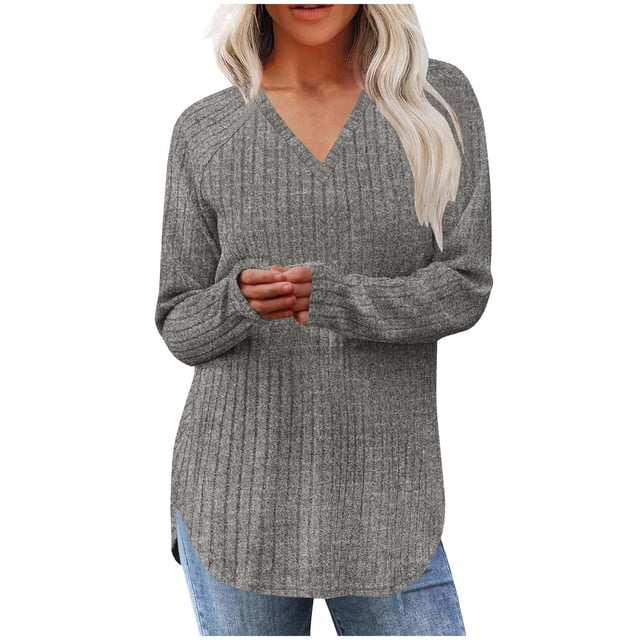BLVB Womens Soft Long Sleeve V Neck Shirts Solid Color Casual Ribbed Knitted Pullover Tunic Tops Lightweight Curvy Sweaters