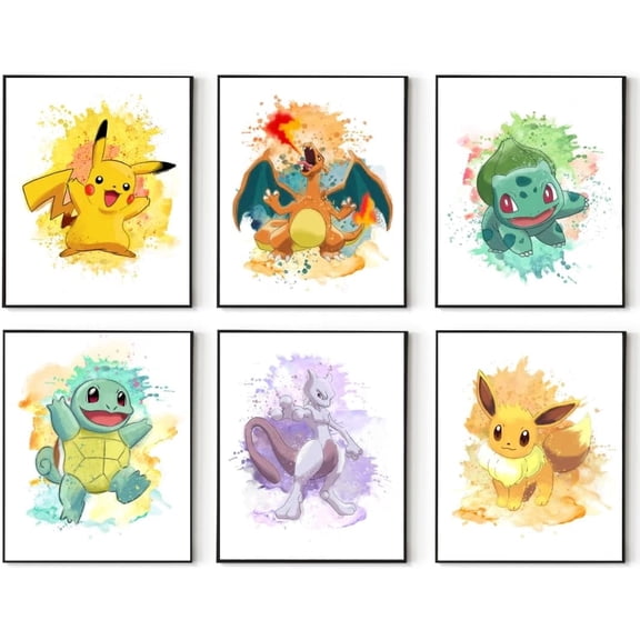 Canvas Pokemon Watercolor Wall Art Prints – Set of 6 Posters – Kids Room, Nursery, or Playroom Canvas Wall Decor 8x10 inch Unframed