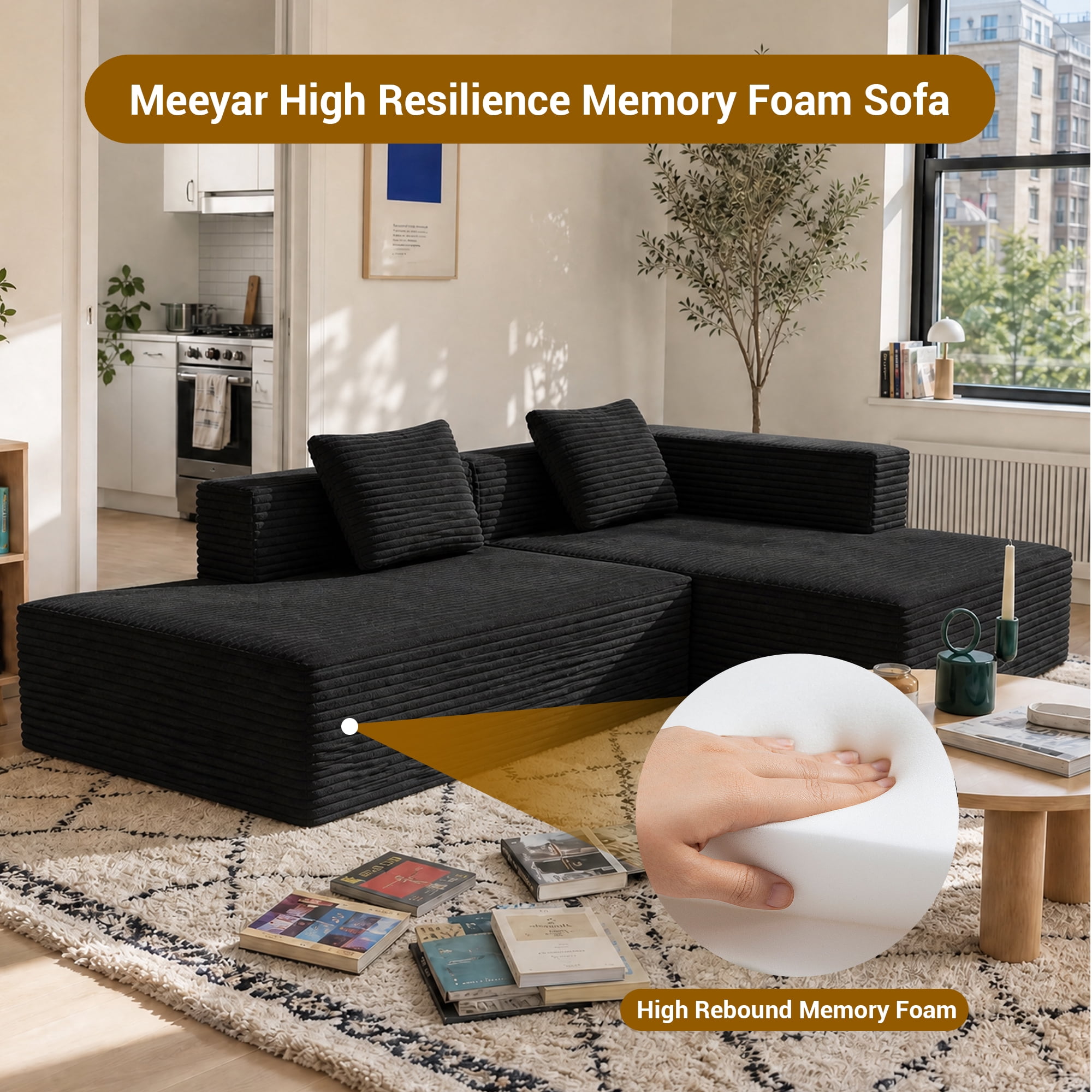 Meeyar 91" Boneless Modular Sectional Sofa with L Shaped Chaise, Cloud Couch for Living Room, Carbon Black
