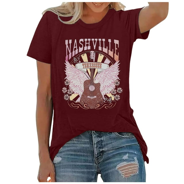 WEIYLL T-Shirt pour Femmes Musique Country Vintage Imprimé Graphique Manches Courtes Hauts Rouge Brique Tailles P
