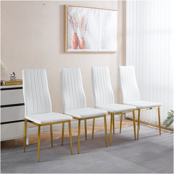 JERFIT Dining Chairs Set of 4, White Upholstered Side Chairs with Golden Metal Legs for Kitchen, Dining Room