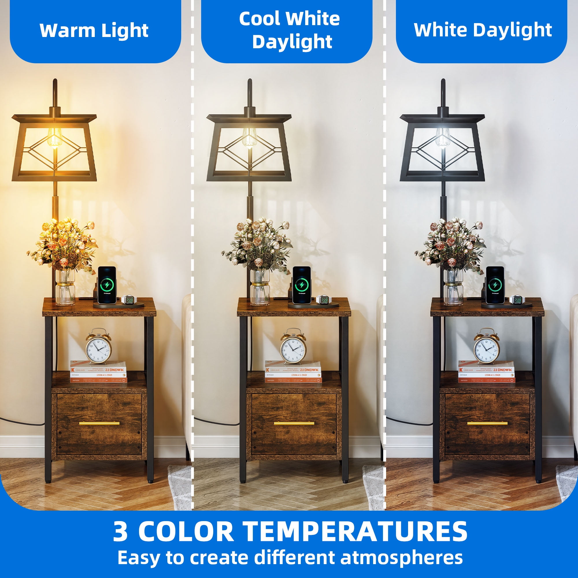 Dextrus 58" Floor Lamp with Table for Bedroom Livingroom, End Table Side Table Nightstand with Lamp and Charging Station, Brown
