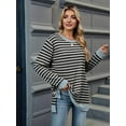 thumbnail image 4 of Womens Casual Striped Long Sleeve Shirt Trendy Crew Neck Slim Loose Fit Basic Blouses Tops Light Gray Black XL, 4 of 8