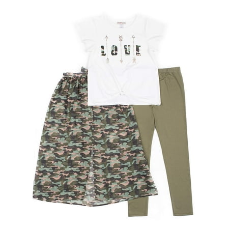 3 Piece Skirt Outfit - Satin Flowers Fashion Top, Legging and Removable Walk Thru Skirt, 3-Piece Outfit Set (Big Girls)