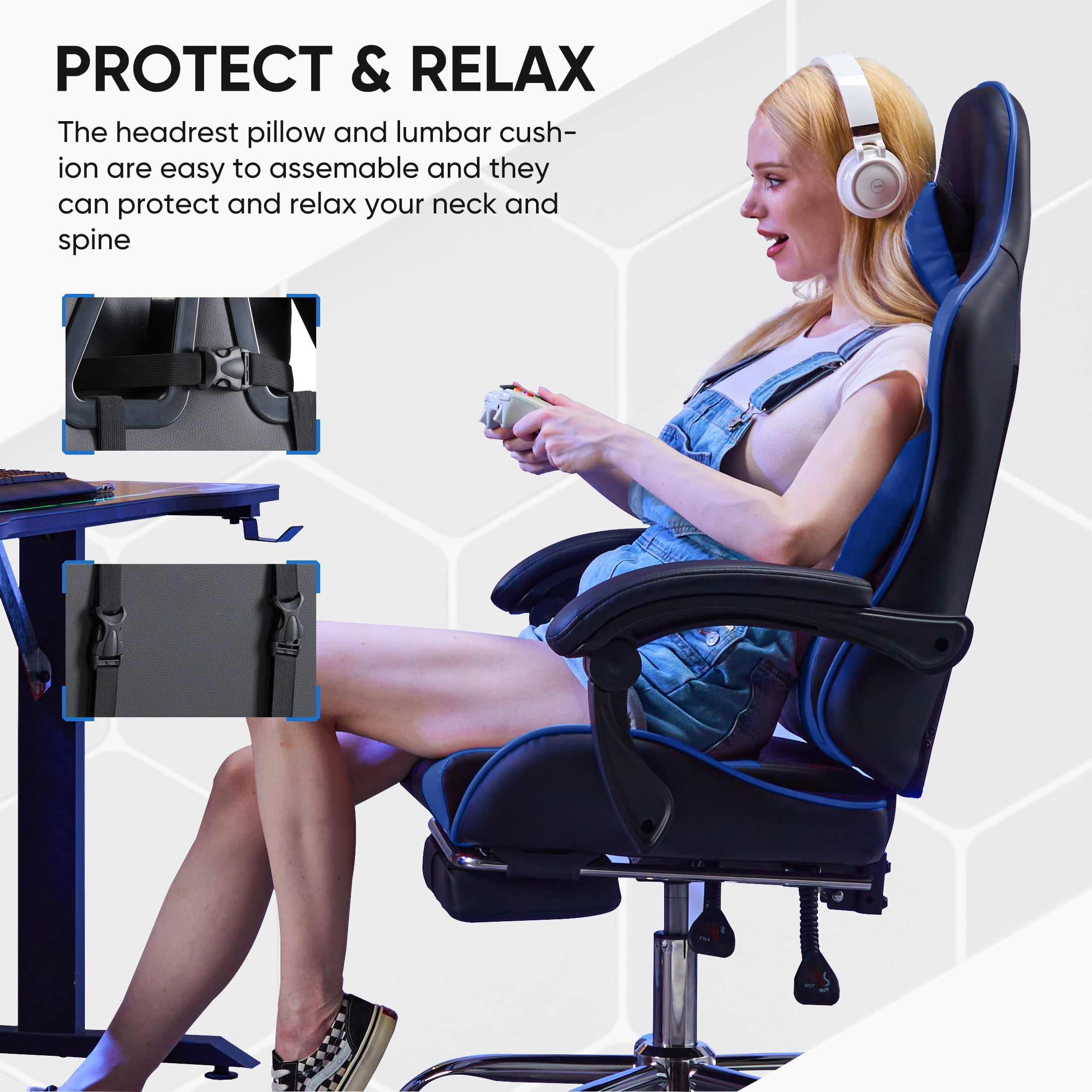 CONCETTA Computer Chair with Footrest and Lumbar Support, Home Offfice Chair, Black and Blue