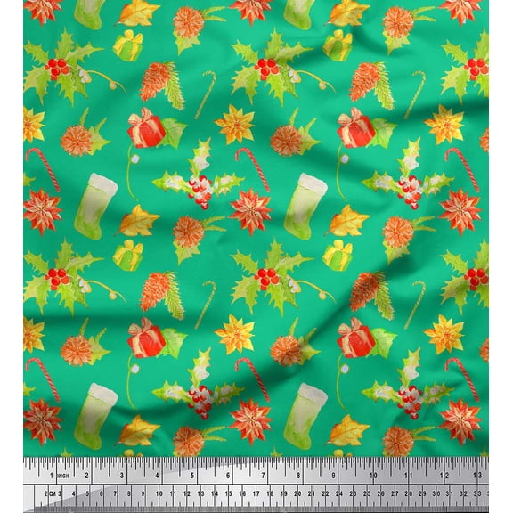 Soimoi Green Silk Fabric Flower,Holly Leaves & Gift Box Party Print Sewing Fabric Yard 42 Inch Wide