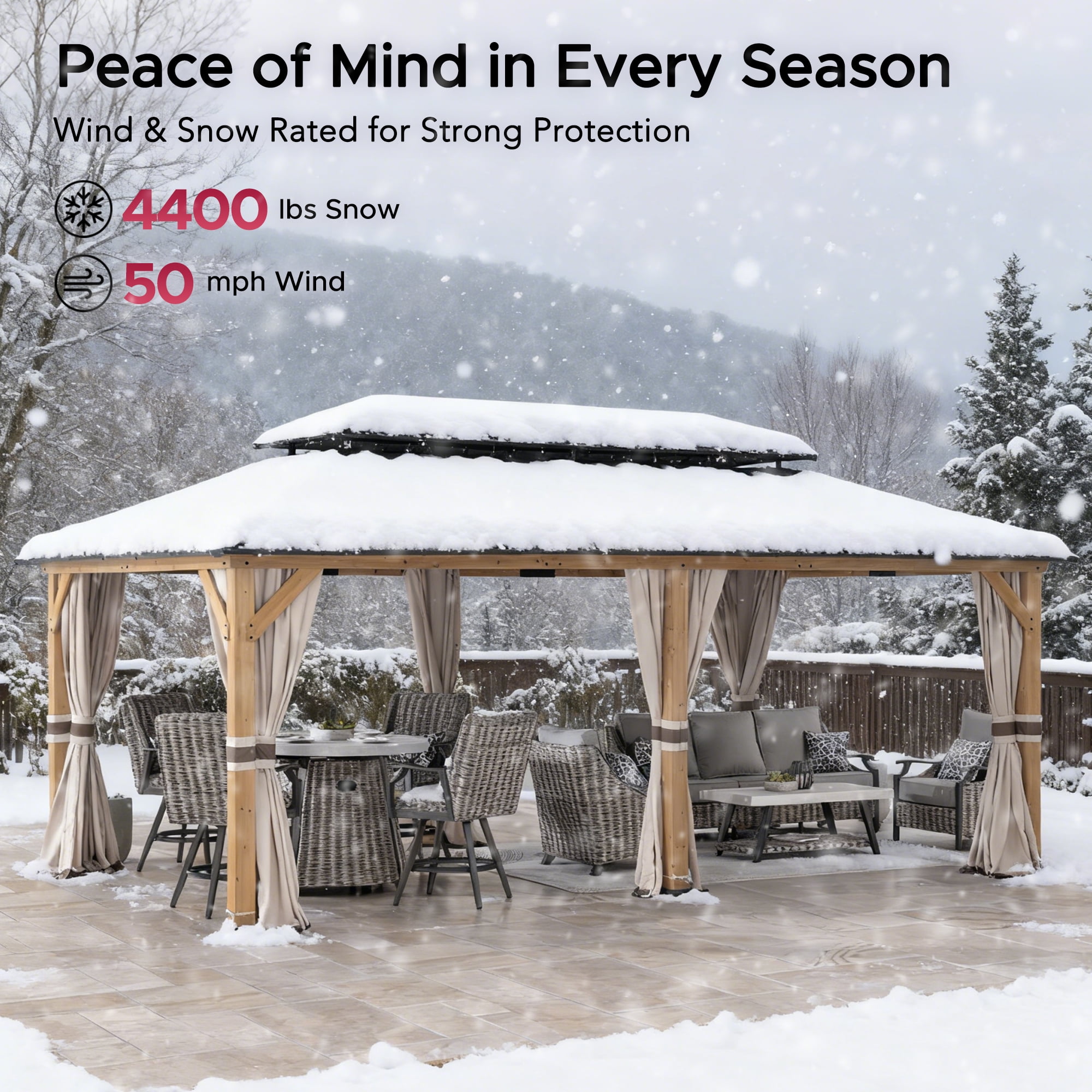 Sunjoy 12x20 Outdoor  Cedar Wood Gazebo with Galvanized Steel Roof and Curtains