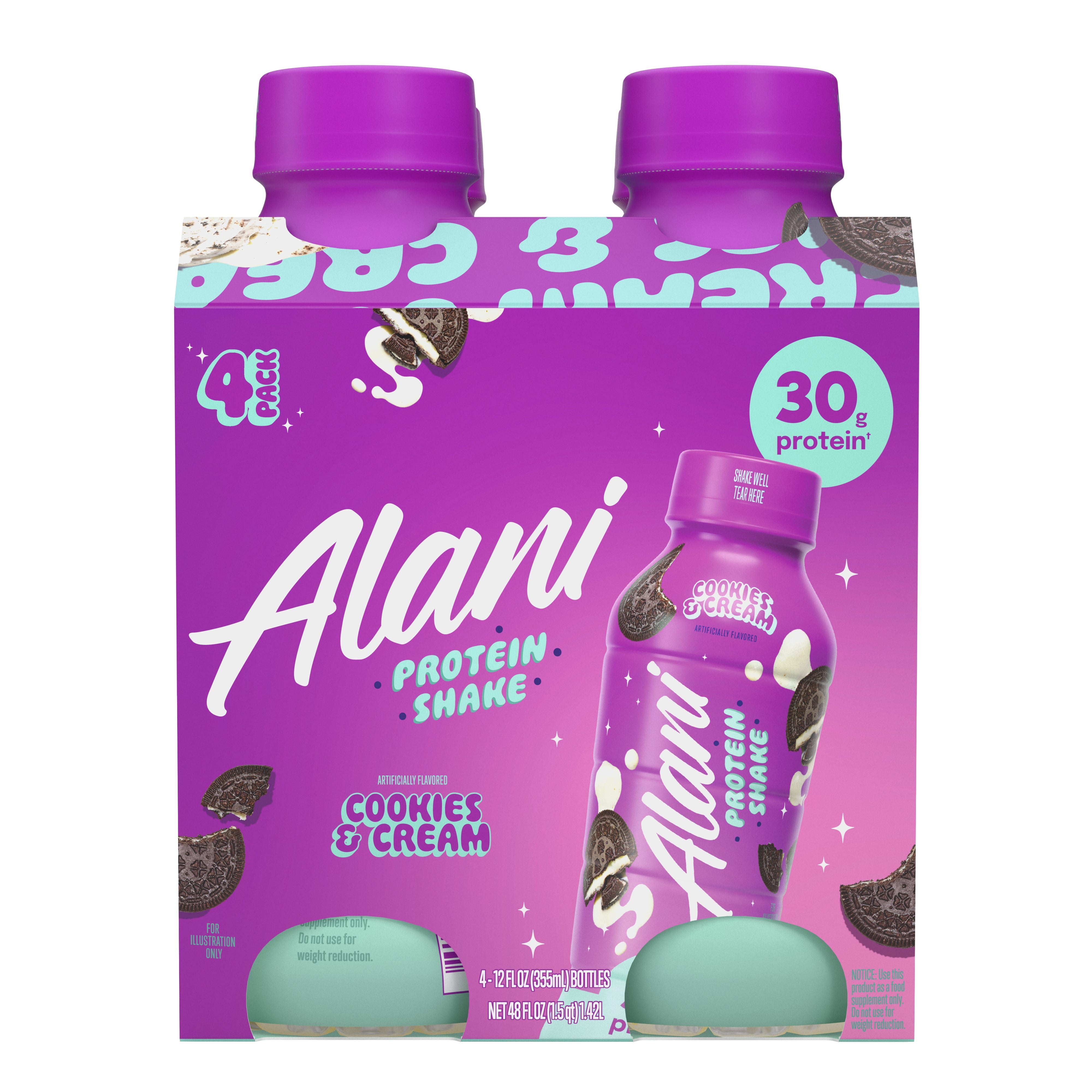 Alani Nu Protein Shake, Cookies & Cream, 12 fl oz, 4 Pack, Bottles, 30g Protein, Gluten Free