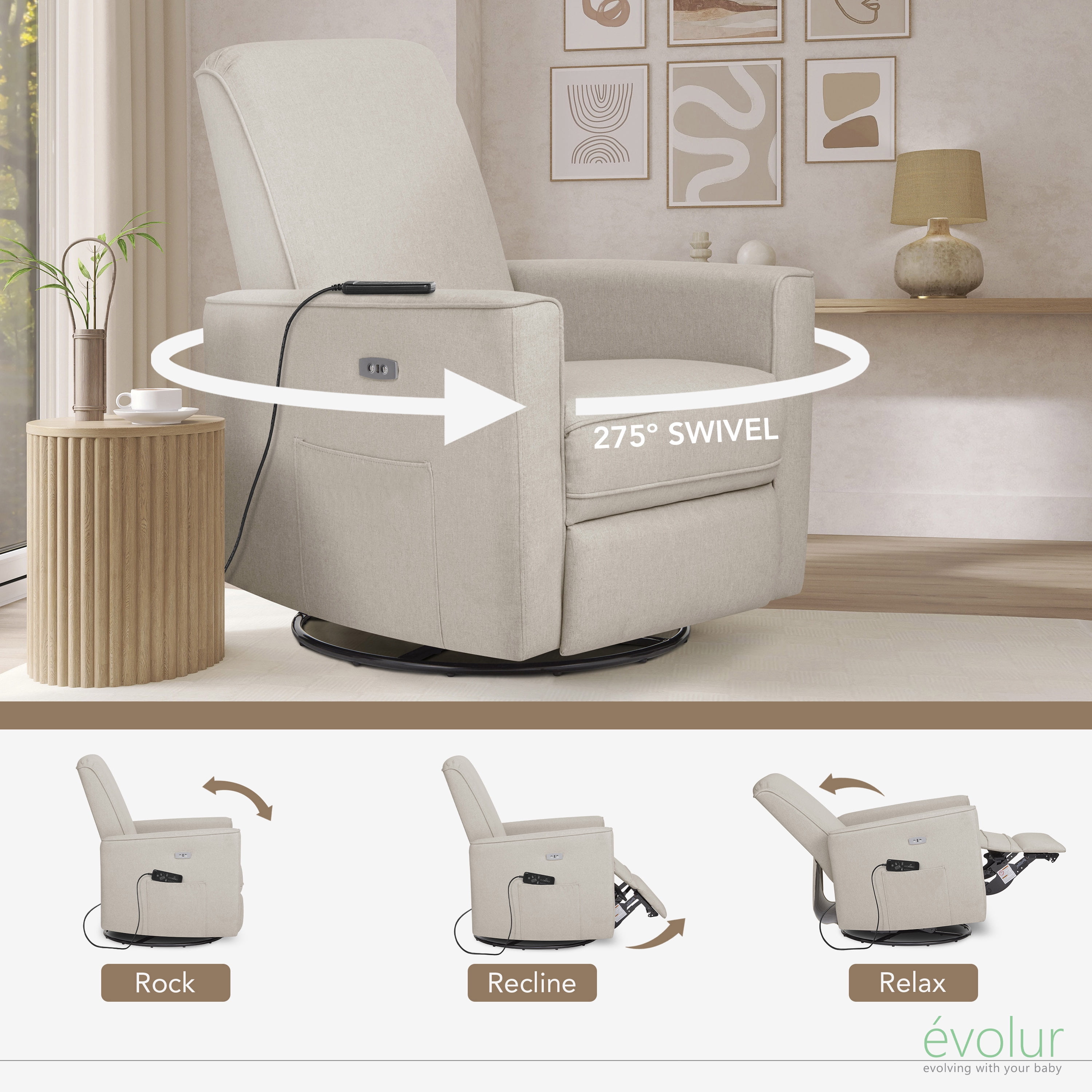 Evolur Harlow Deluxe Upholstered Glider, Power Recliner USB Port with in-Built Massager, Light Sand