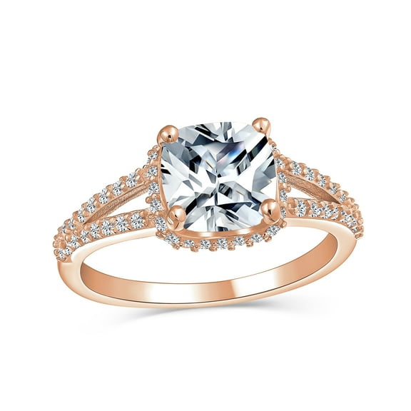 Bling Jewelry Womens 3CT CZ Cubic Zirconia Halo Solitaire Cushion Cut Engagement Ring Split Band Rose Gold Sterling Silver