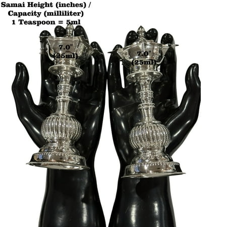 925 Sterling Silver Hallmarked Small Five Star / Kerala Naxi Samai / Kuthu Vilakku Pair -Style#01 Height & Capacity (PAIR): 7.0" (50ml / Pair)