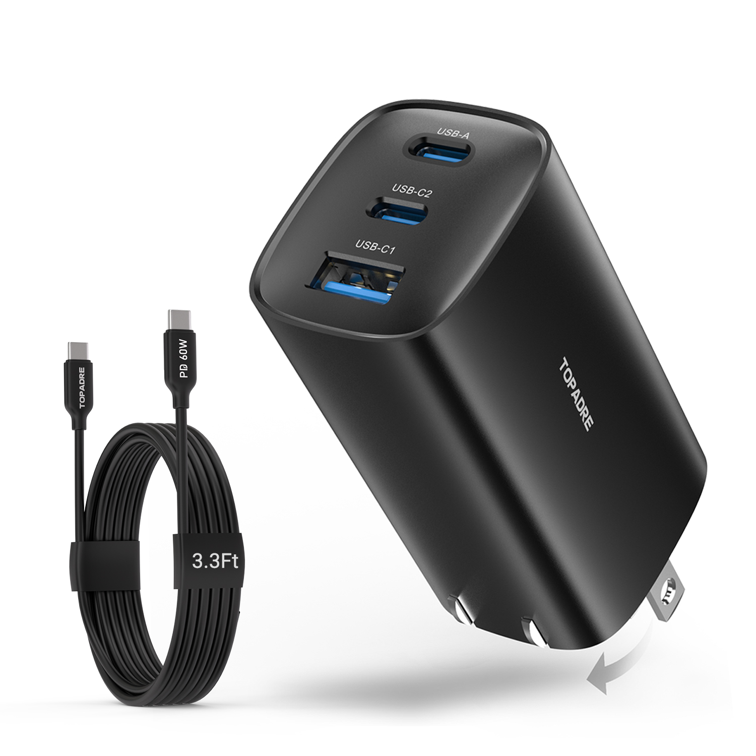 TOPADRE 65W USB-C Charger with 3.3Ft Cable, Foldable Plug & 3-Port PD Fast Charging compatible with iPhone/Samsung - Black