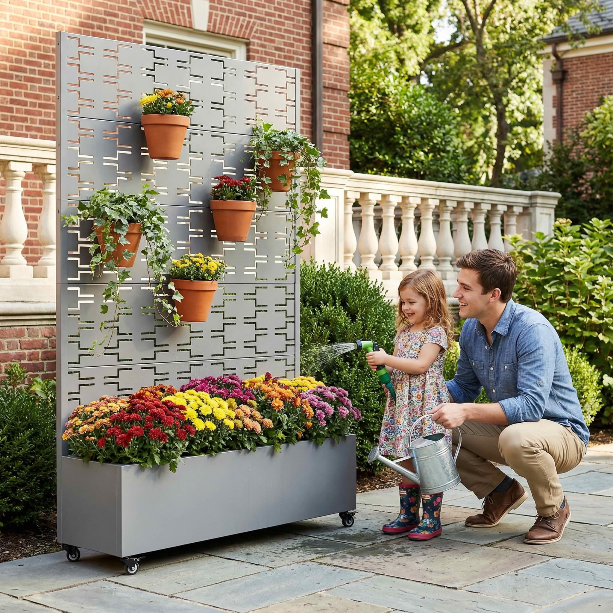 MAYEERTY 72X47" Metal Outdoor Gray Privacy Screen with Planter Box for Backyard & Garden, 5 Piece Set