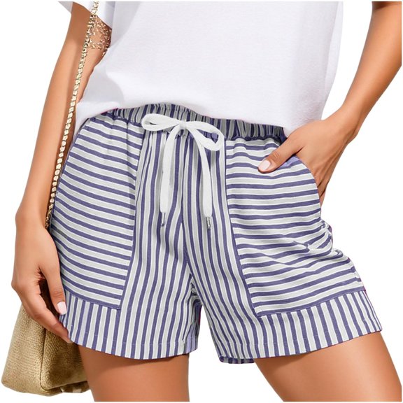 Oiangi Women's Striped Shorts Elastic Waist Drawstring Beach Boxers Summer Casual Pockets Travel Shorts Purple XL