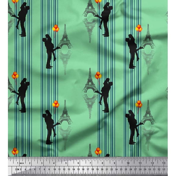 Soimoi Green Cotton Voile Fabric Stripes & Eiffel Tower Love Printed Fabric 1 Yard 42 Inch Wide