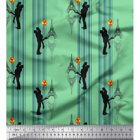 Soimoi Green Cotton Voile Fabric Stripes & Eiffel Tower Love Printed Fabric 1 Yard 42 Inch Wide