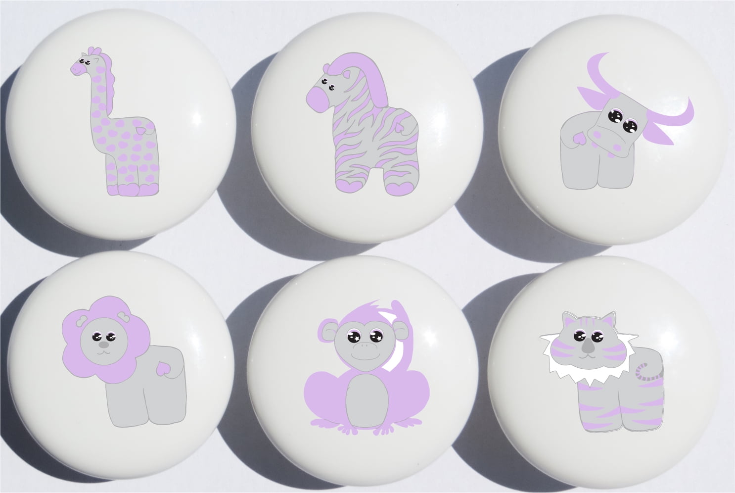 Purple Safari Drawer Pulls / Jungle Animals Ceramic Knobs / Nursery Decor set of 6