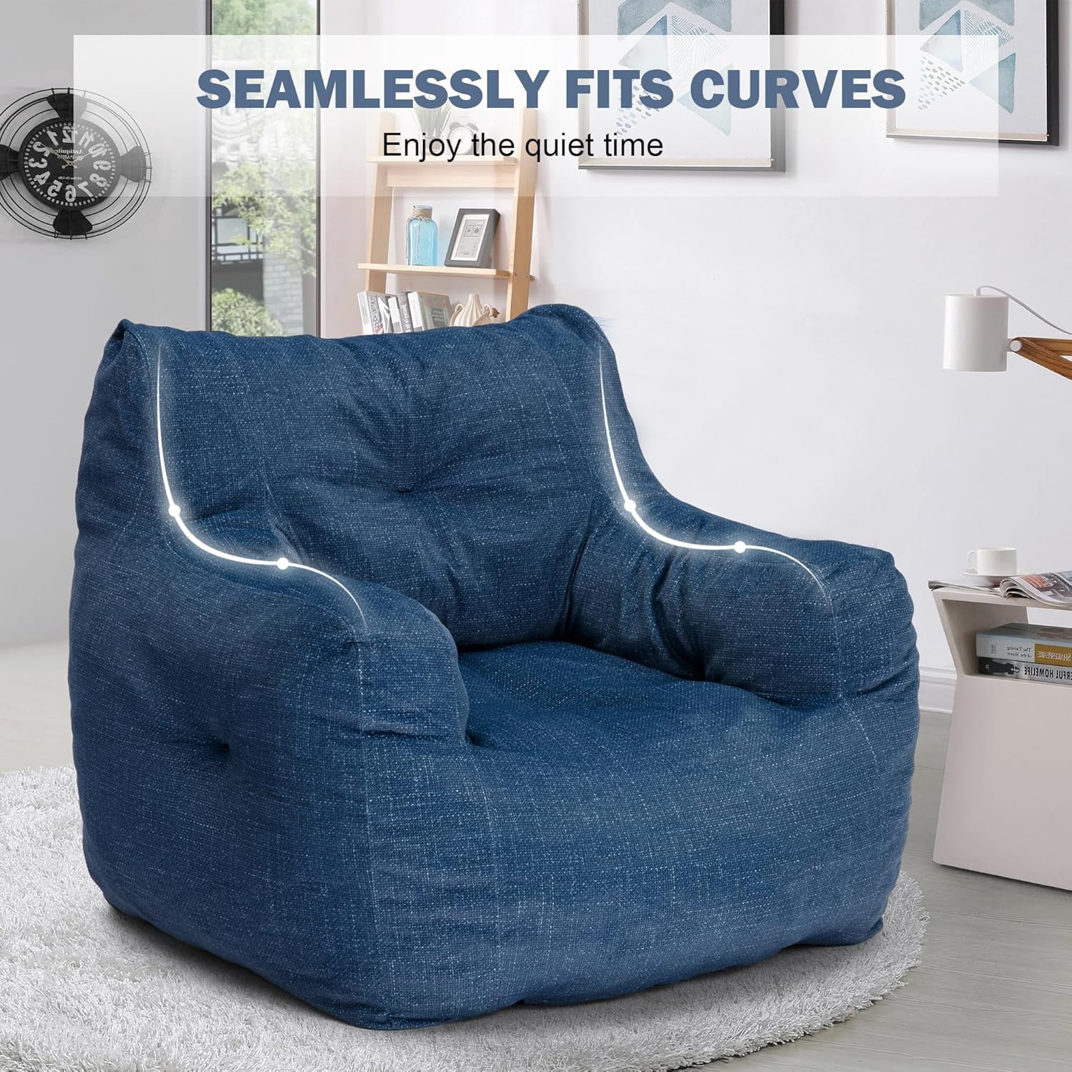 3FT Medium Bean Bag Chair with Filler, Comfy Soft Linen Accent Chair Lounger Sofa Giant Bean Bag Chairs for Adults, Teens, Kids - Gift Choice, Blue