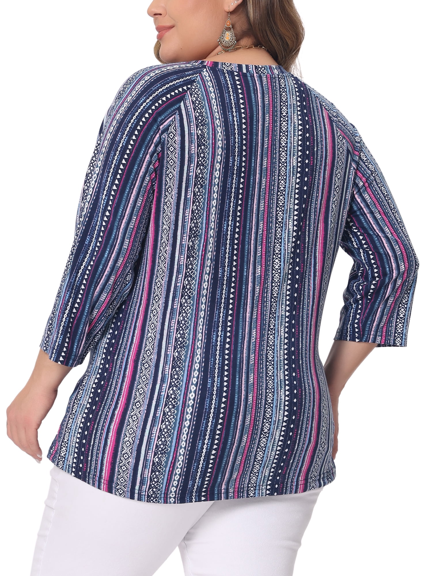 Women's Plus Tops V Neck 3/4 Sleeve Knit Blouse Tee Shirt Stripe Boho Tops 3X Navy Blue