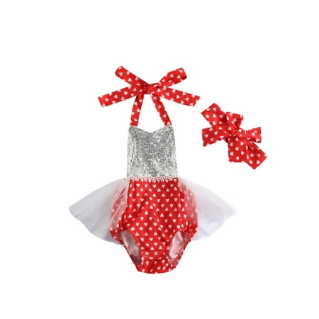 

FOCUSNORM Newborn Baby Girls Valentine Romper Tutu Dress Fly Sleeve Heart Sequins Bodysuit Jumpsuit Summer Outfit 0-2Y