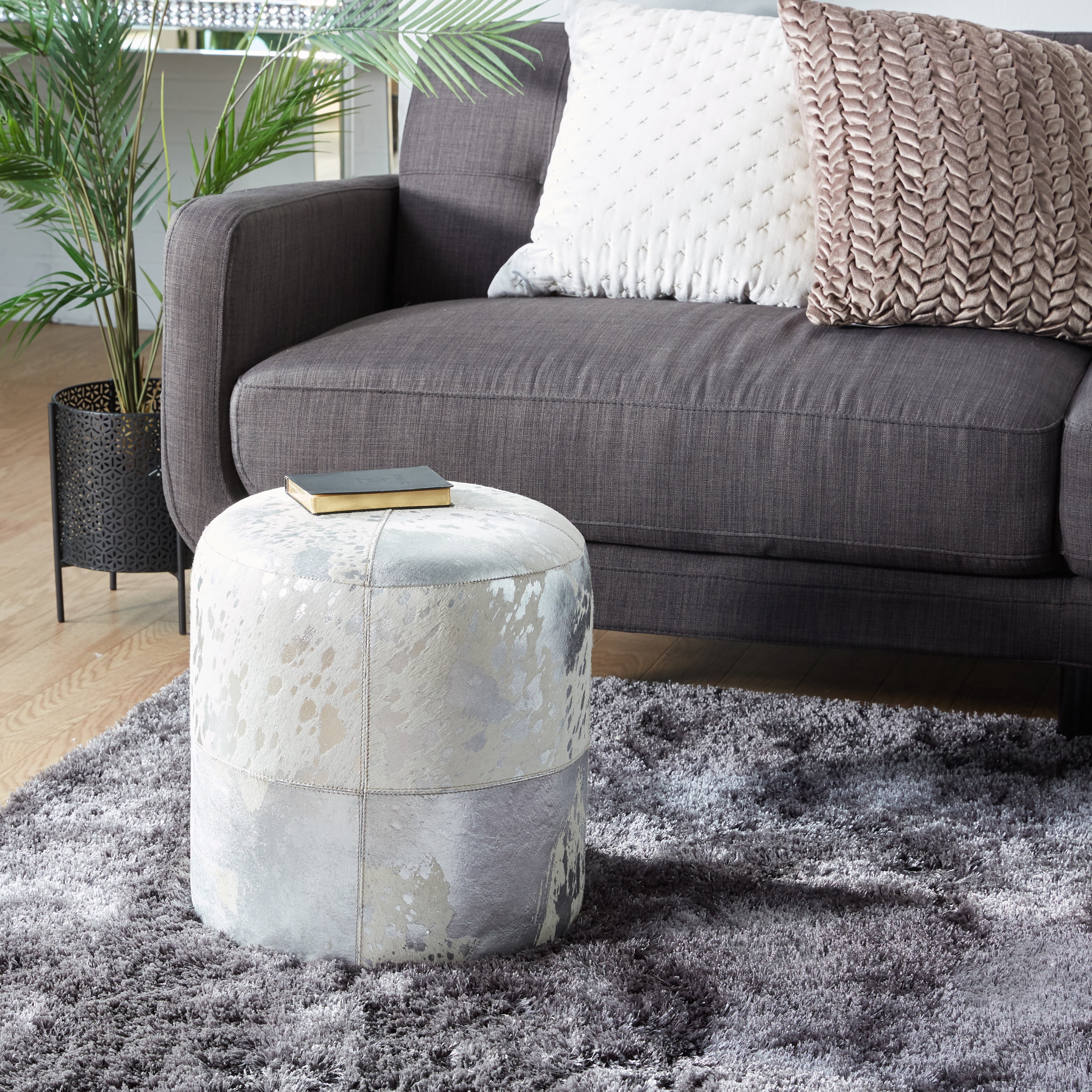 Decmode 16" x 17" Silver Leather Handmade Ottoman with Silver Foil Paint, 1-Piece