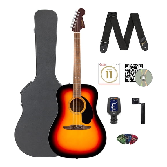 Fender California Standard Redondo Spruce Top Acoustic Guitar - 3-Color Sunburst Bundle with Hard Case, Tuner, Strings, Strap, String Winder, Picks, and Austin Bazaar Instructional DVD