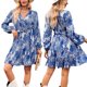 thumbnail image 2 of Women 2023 Fashion Sexy Wrap V Neck Mini Dresses Puff Long Sleeve High Waist Belted Swing Ruffle Hem Aline Short Dress orange XL, 2 of 5