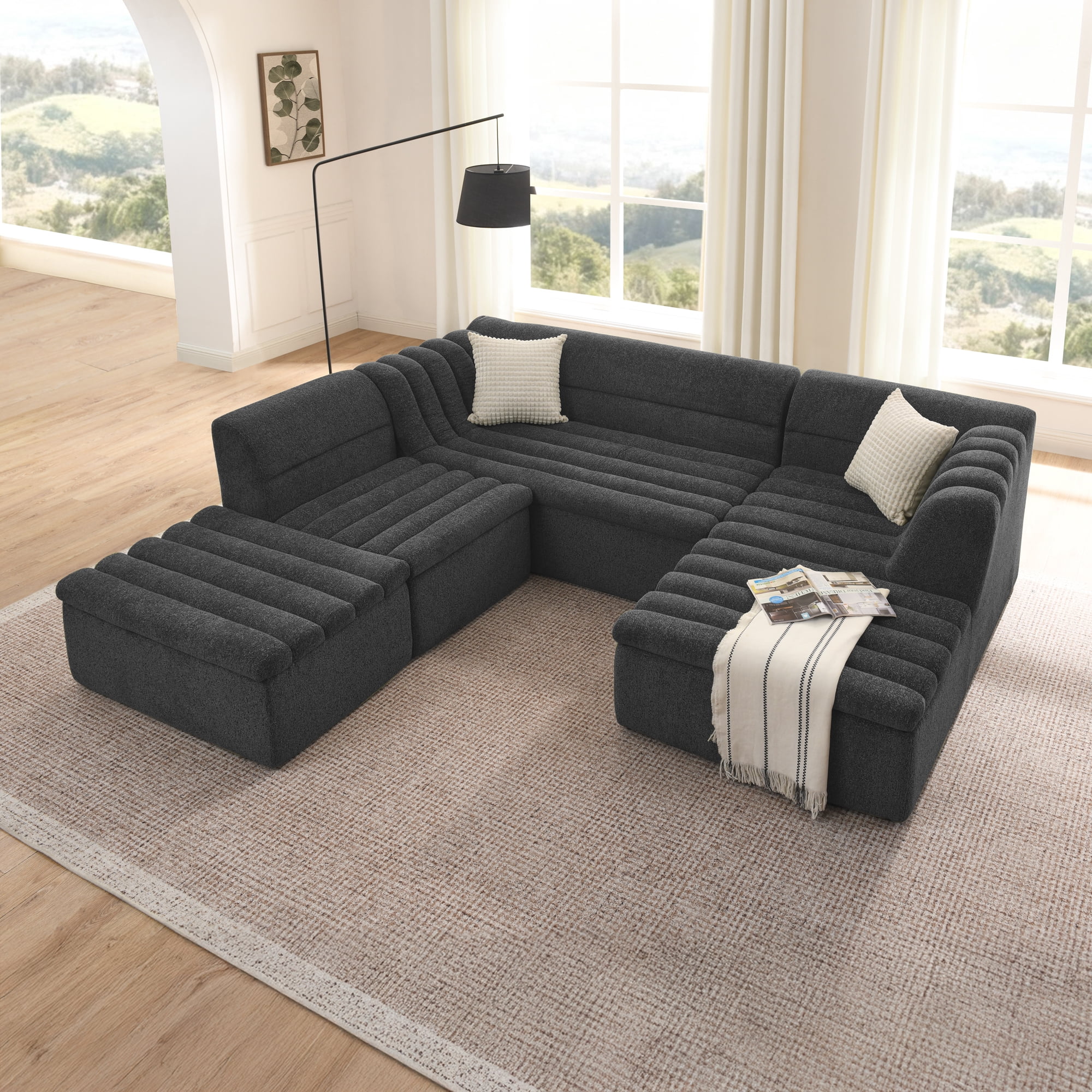 avobird 135" U-Shaped Modular Sectional Sofa with Chaise and Movable Ottoman for Living Room, Chenille Upholstered Boneless Couches with Wave-Shaped Armrest, Black