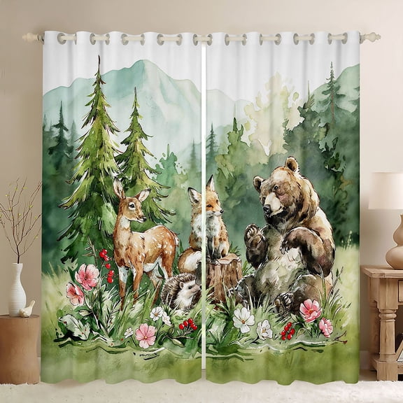 Manfei Kawaii Fox Kitchen Curtains,Cute Bear Print Black Out Curtains Pack of 2 (42x63 Each),Green
