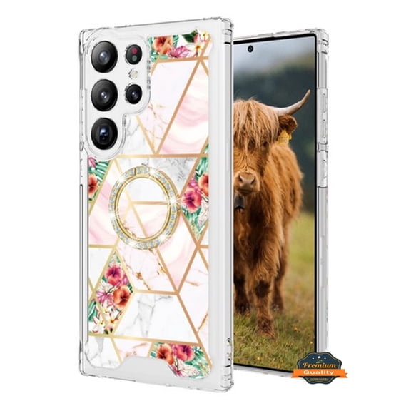 For Samsung Galaxy S24 FE /Fan Edition Fashion Design Pattern Hybrid Ring Kickstand Bling Diamond Hard PC TPU Protective Phone Case Cover by Xpression - Marble Pink Flowers