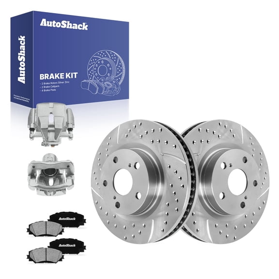 AutoShack Front Vented Drilled & Slotted Silver Zinc Coated Brake Rotors   Ceramic Pads   Calipers 8-PC Brake Kit Replacement for 2006-2008 Toyota RAV4 SilverShield Pro 10.83" (275 mm)
