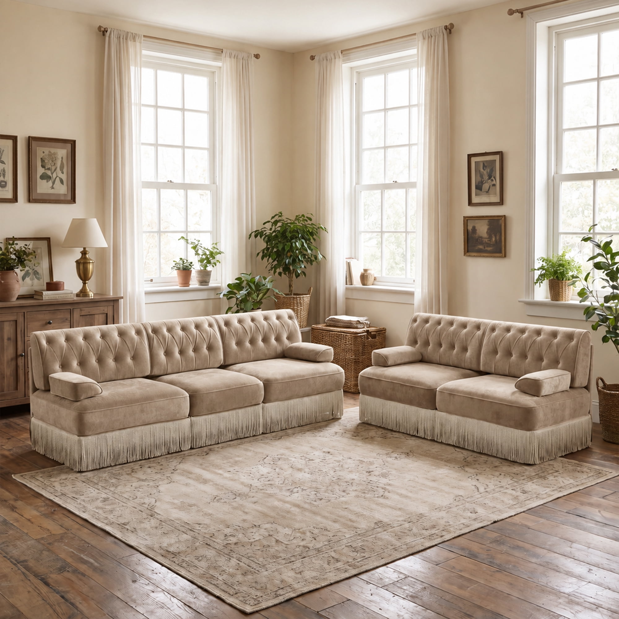 2‑Piece Sectional Sofa Set, 1 Pcs Loveseat & 1 Pcs 106" 3‑Seater Sofa Couch Set with Tassel Skirt