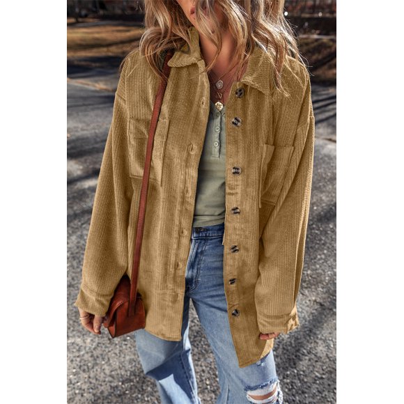 I AM A FASHION JUNKY Light French Beige Patched Pocket Button Up Corduroy Shacket (LightFrenchBeige, XL, 75%Polyester+20%Viscose+5%Elastane)