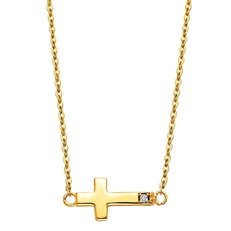 - Jewels By Lux 14K Yellow Gold Floating Mini Sideways Cross Cubic Zirconia CZ Accent Chain Necklace 17 Inches