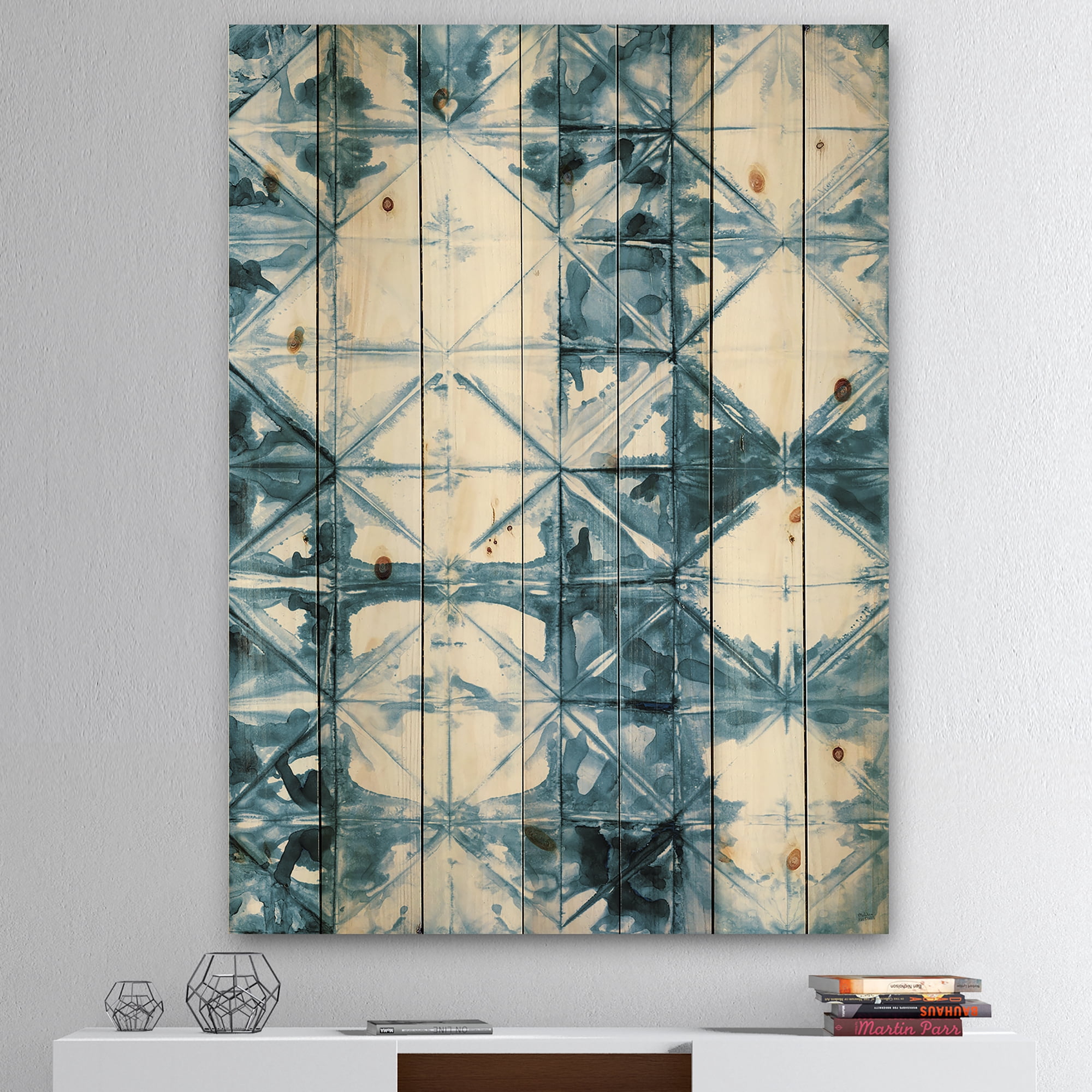Designart 'Geometrical Watercolor Indigo I' Contemporary Print on Natural Pine Wood