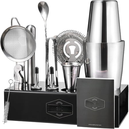 Mixology Bartender Kit with Stand, Bar Set Shakers Bartending Kit, Bar Tools Boston Shaker Set, Professional Drink Mixing Martini Making Barware with Recipe Book