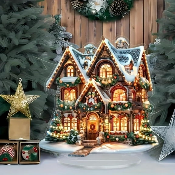 2D Acrylic Christmas House Ornament, Diamond Art Gingerbread House for Desktop, Christmas Cabin Special Shape Art Decor, 9.7×9.8 Inch Special Cabin Decoration for Home Desktop