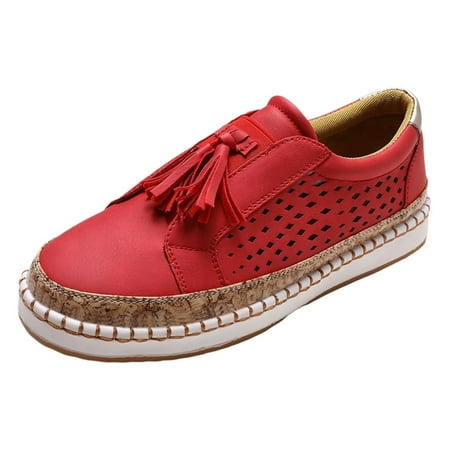 QYZEU White Shoes Women Sandals for Women Summer 2024 Women s Fashion Fringe Hollow Out Round Toe Flat Slip On Shoes Shoes Women Sneakers Sport Shoes Red 38