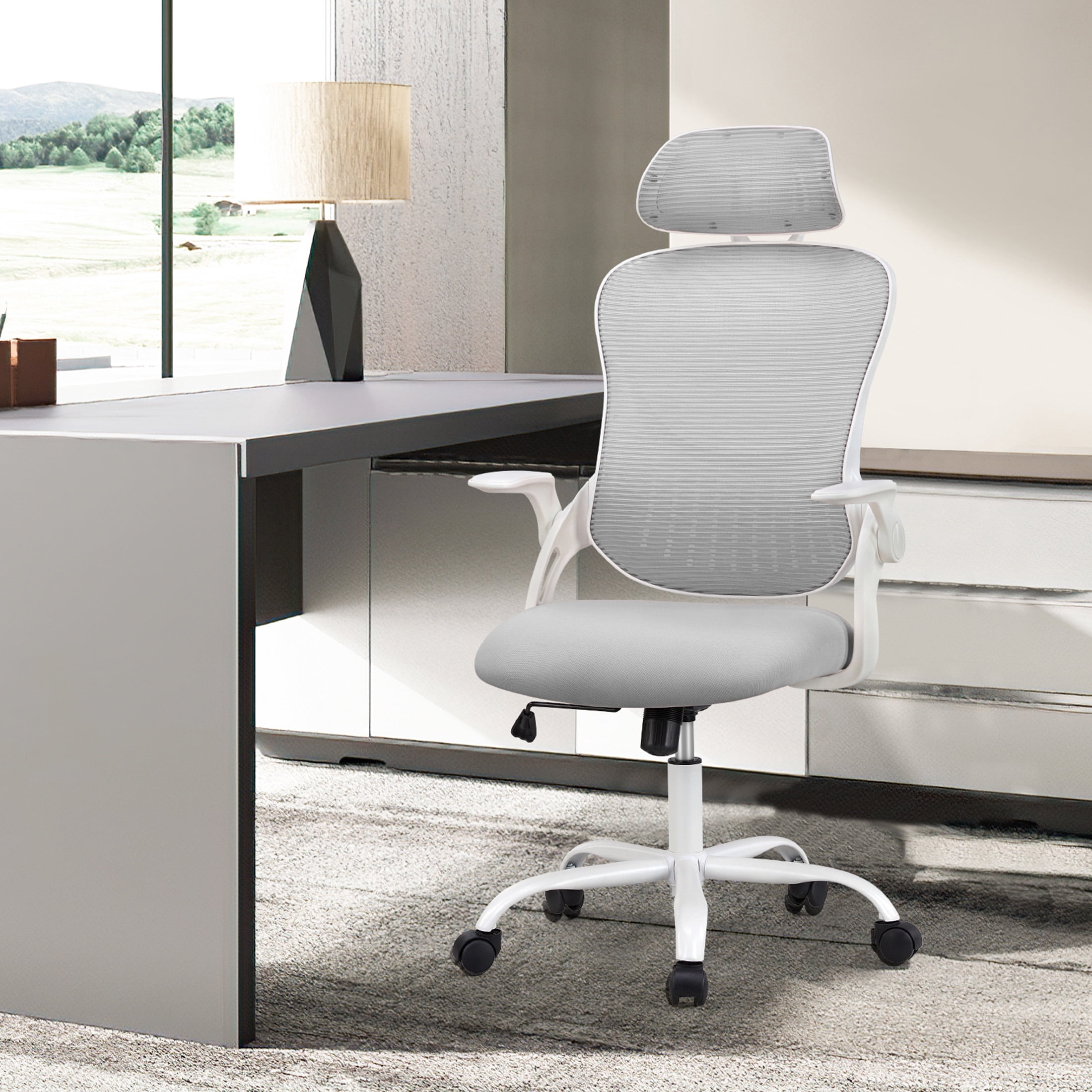 JOINSUN Office Computer Desk Chair, Ergonomic High-Back Mesh Work Chairs with Wheels and Adjustable Headrests, Gray