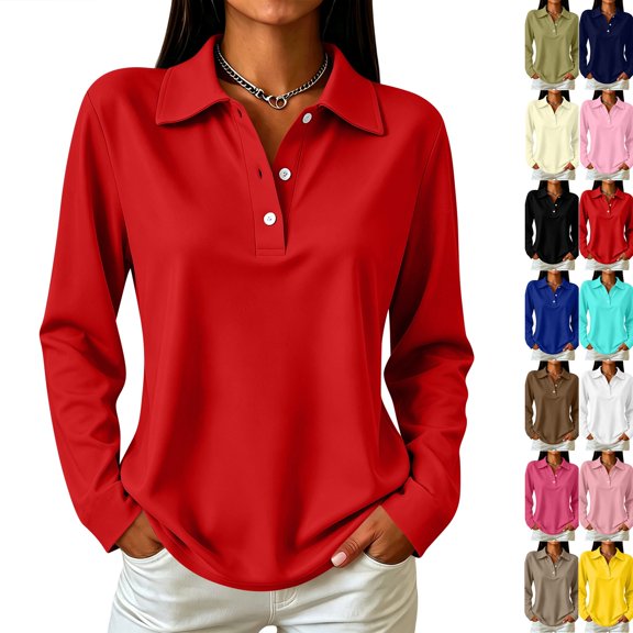 Polo Shirts for Women Long Sleeve Tops Golf Tees Business Casual Button Down Crewneck Workout Polo Shirt Red L