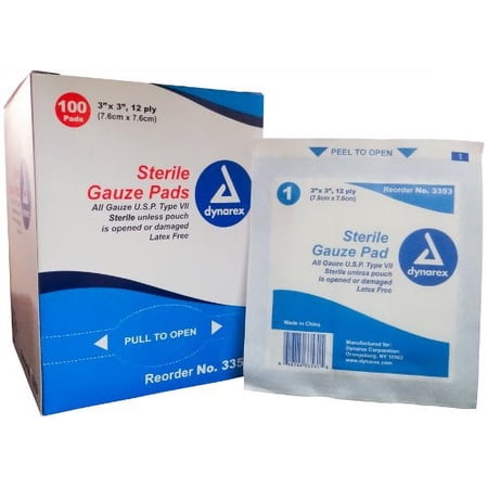 3 Pack Dynarex Sterile Gauze Pads 3"X3" 12-Ply Single #3353 100 Bandages Ea