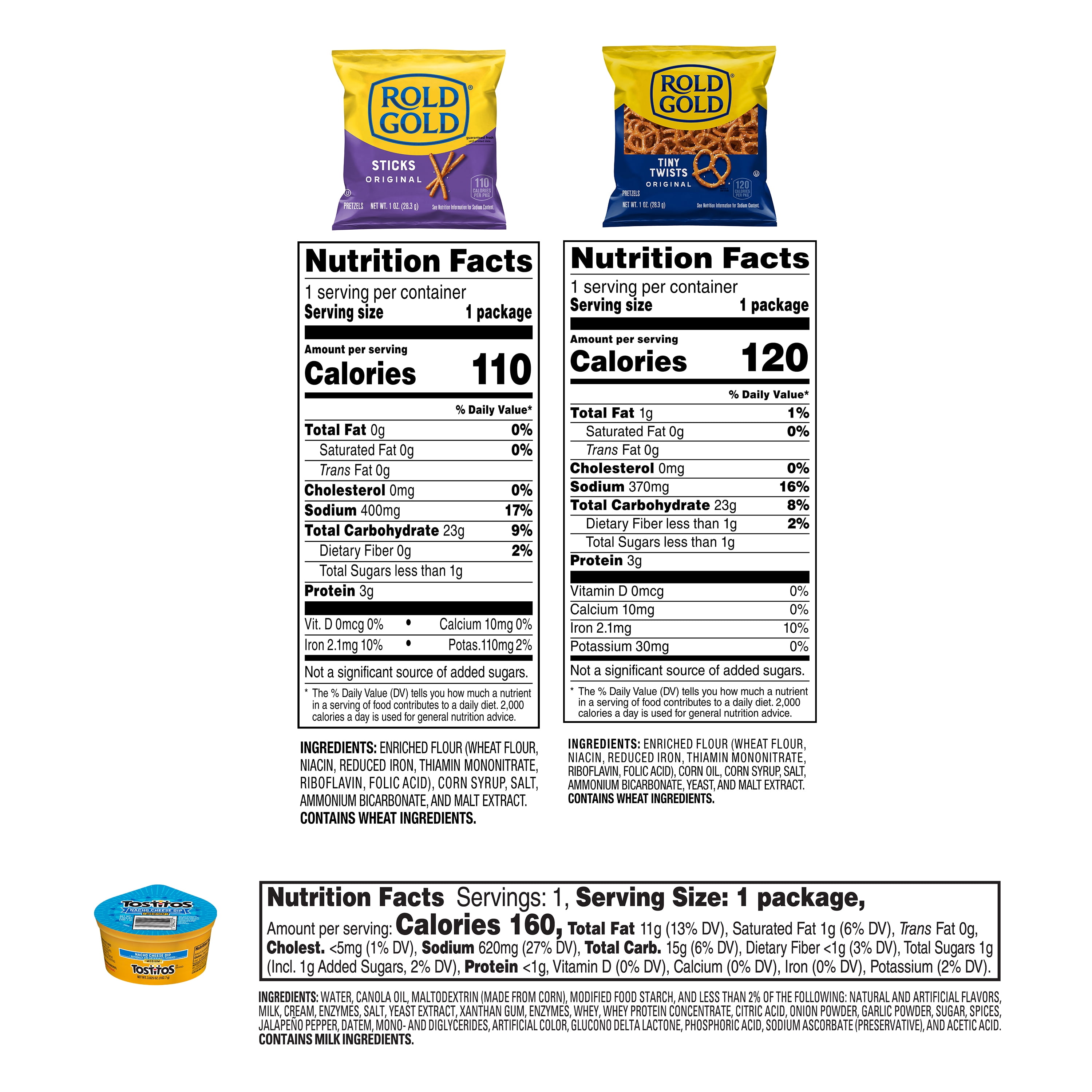 Frito Lay Rold Gold Tiny Twists, Original Sticks and Tostitos Dips, Variety pack Snack, (pack of 24)
