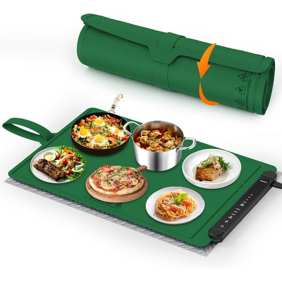 YANGLI Electric Food Warming Tray | 3 Temp & 4 Timer Settings, Roll-Up Silicone Heating Pad (Green)
